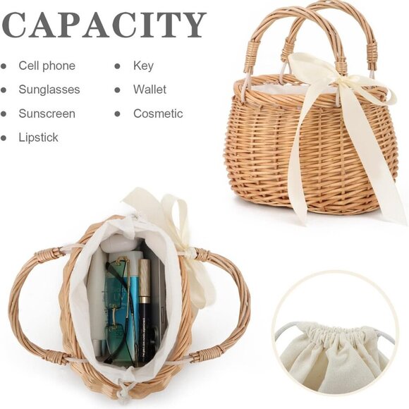 Natural Wicker Handbag Rattan Woven Basket Purse Straw Beach Tote for Women - Picture 4 of 8